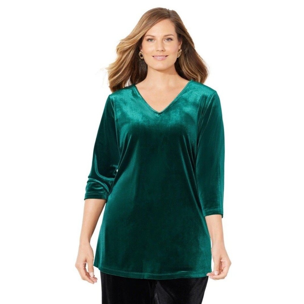 Catherines Women's Anywear Velvet‎ Emerald Green V-Neck Tunic Size 1X Holiday